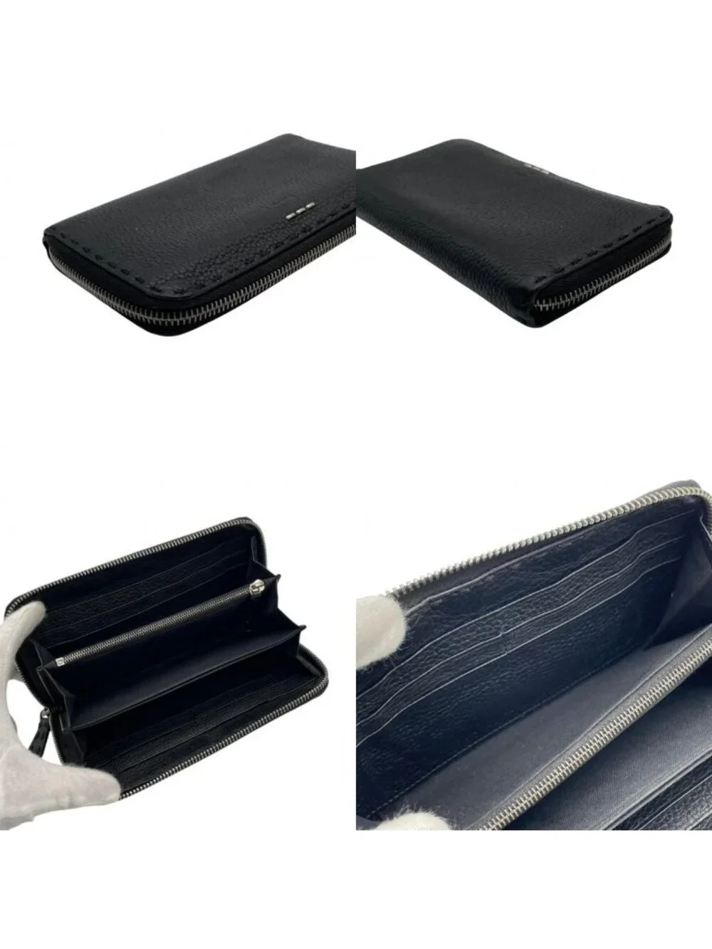 Fendi Wallet Selleria Zip Around Leather Marais the Black Silver Classic Simple